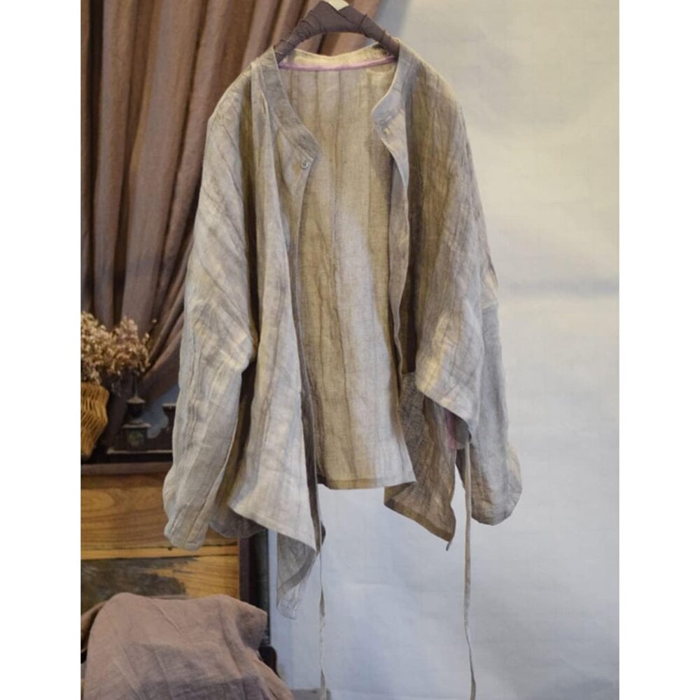 Women's Linen Asymmetrical Shirt Top Irregular Hem Tie Retro Stand Collar Button - Picture 9 of 9